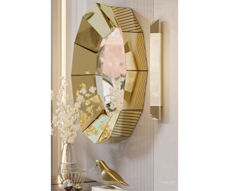 Luxury wall lamp featuring Ibiza marble and gold-plated brass, perfect for modern living rooms.