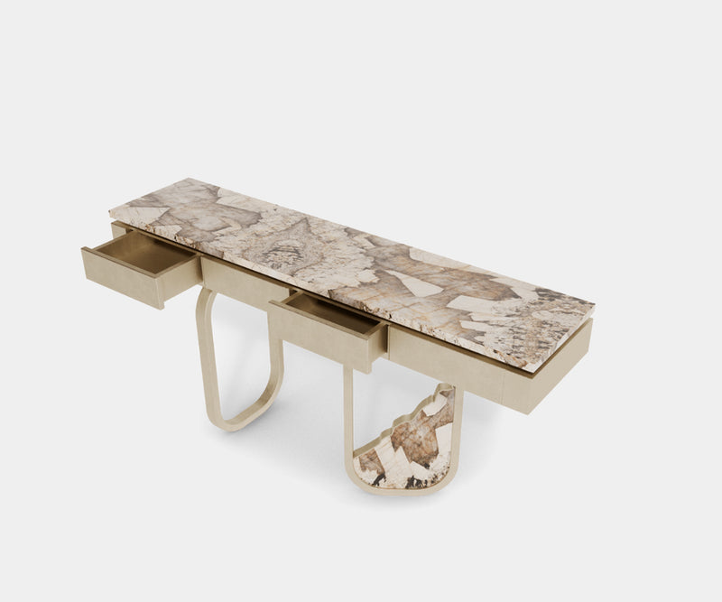 Iguazu Console: Close-Up View of Stunning Patagonia Marble Top.