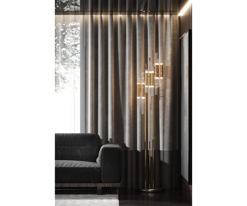 Crystal Glass Cascading Floor Lamp with Gold Frame