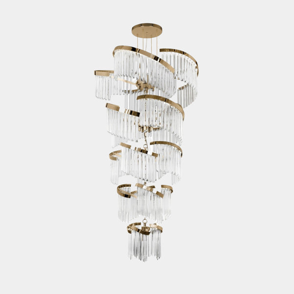 Isabella Glass & Gold Plated Brass Helix Spiral Chandelier - Luxury Lighting Fixture for High-End Interior Design.