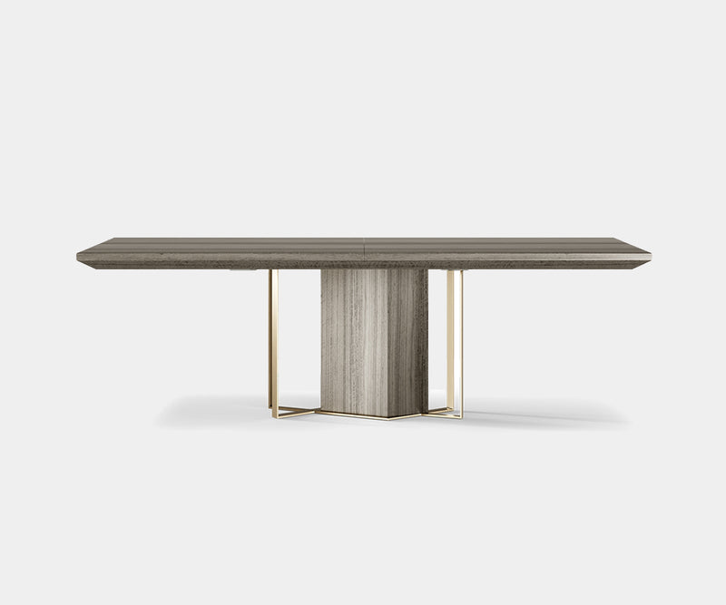 Lineage: Modern Minimalist Dining Table with Brass Frame by Outline - This modern dining table features a stunning eucalyptus veneer tabletop encased in a protective and elegant brass frame, creating a captivating centerpiece for minimalist luxury dining rooms.