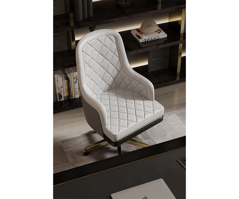 Designer Charla office chair with a sleek frame and soft leather seat in an executive setting.