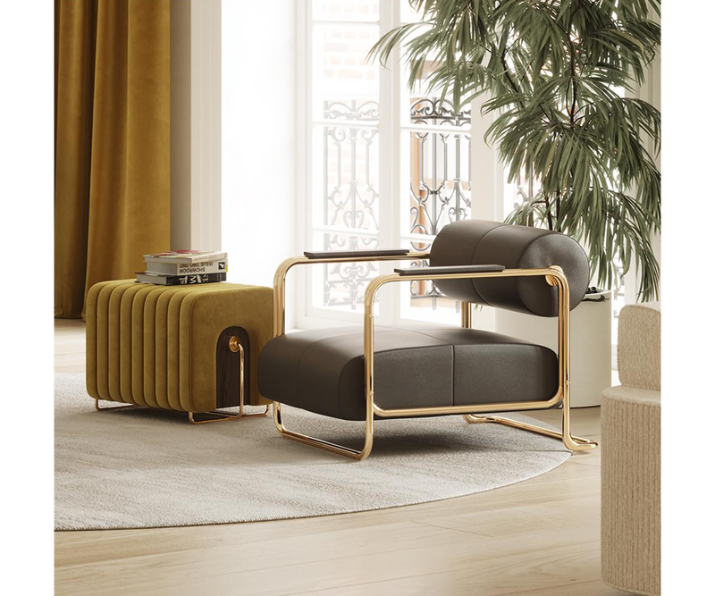 Mid-Century Modern Armchair with Plush Fabric Upholstery.  The Gilded Age Glamour armchair features plush fabric upholstery for ultimate comfort and style in your mid-century modern living space.