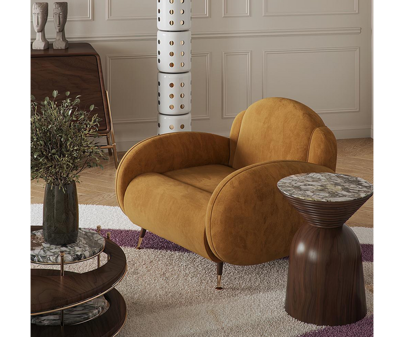 Luxurious Velvet Upholstery on the Ellington Remix Armchair.  Indulge in comfort and style with the Ellington Remix armchair. This image features plush velvet upholstery, a customizable option by Mezzo Collection.