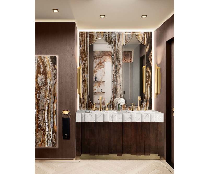 Maison Valentina luxury vanity featuring a sleek design with matte walnut root, Carrara marble, and vintage brass details.