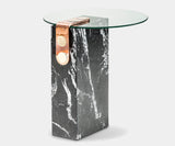 Elegant black marble side table featuring a polished glass top and brass buttons, ideal for luxury living rooms and contemporary decor.