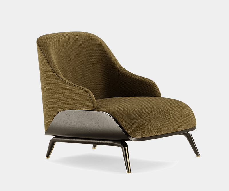 Luxury Brigid Armchair in black-stained oak with brushed brass accents.