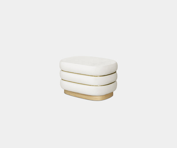 Marlowe Cream Velvet Accent Stool: Modern Design with Polished Brass Details.