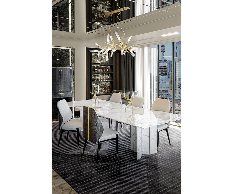 Luxury rectangular dining table with marble top and brass lines, perfect for modern interiors