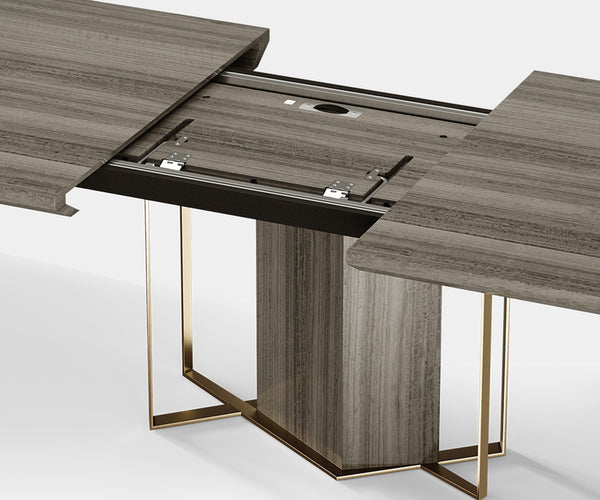 Modern Minimalist Dining Table: Lineage with Brass Detail - Experience the fusion of modern minimalism and natural beauty with the Veiled Beauty Dining Table by Outline.  The eucalyptus veneer tabletop is encased in a sleek brass frame, adding a touch of luxury to your dining space.