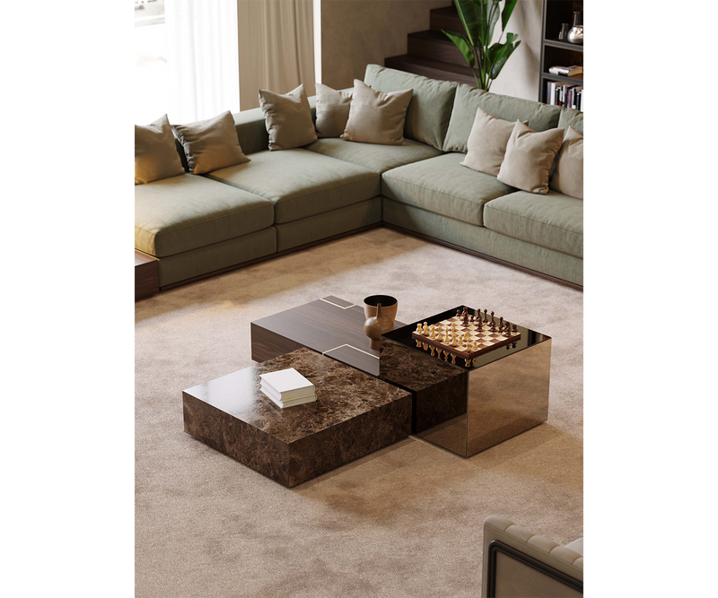 Luxury Fortune Coffee Table Set with Brushed Bronze Brass, Dark Emperador Marble, and Dark Oak - Elegant Contemporary Living Room Furniture.