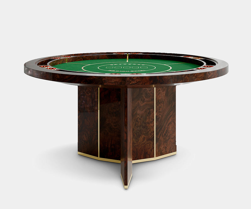 Sophisticated poker table with wood, brass, and velvet, perfect for luxury home entertainment spaces.