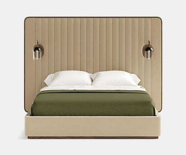 Luxury upholstered bed with walnut frame and brass accents, inspired by 1950s glamour.