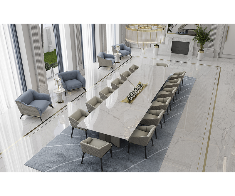 Architectural-inspired dining table with Statuario marble and brass details by Luxxu