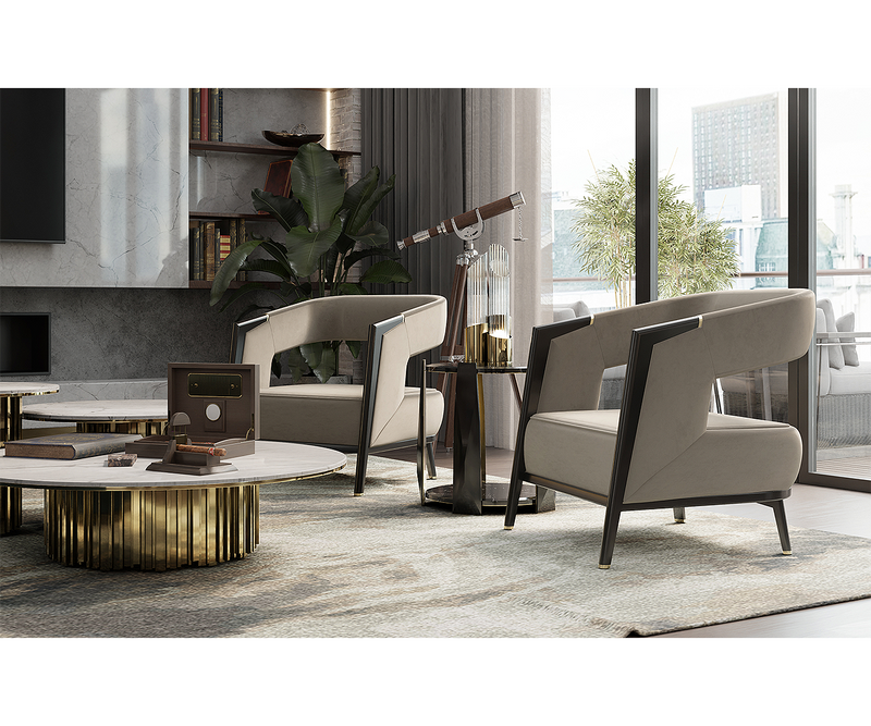 Luxxu Gladia Armchair in a luxury living room, blending contemporary style with classic elegance.