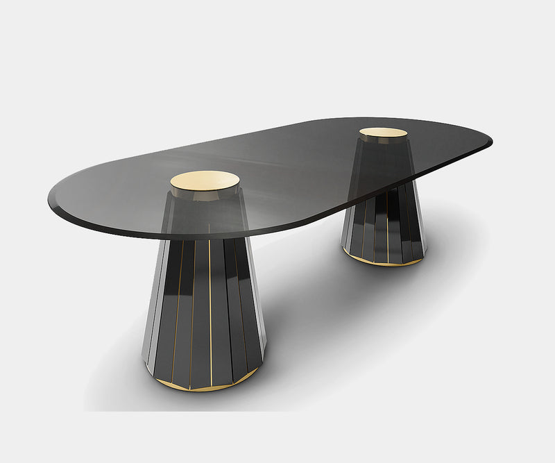 Luxxu Darian oval dining table with handcrafted walnut root base and brass accents