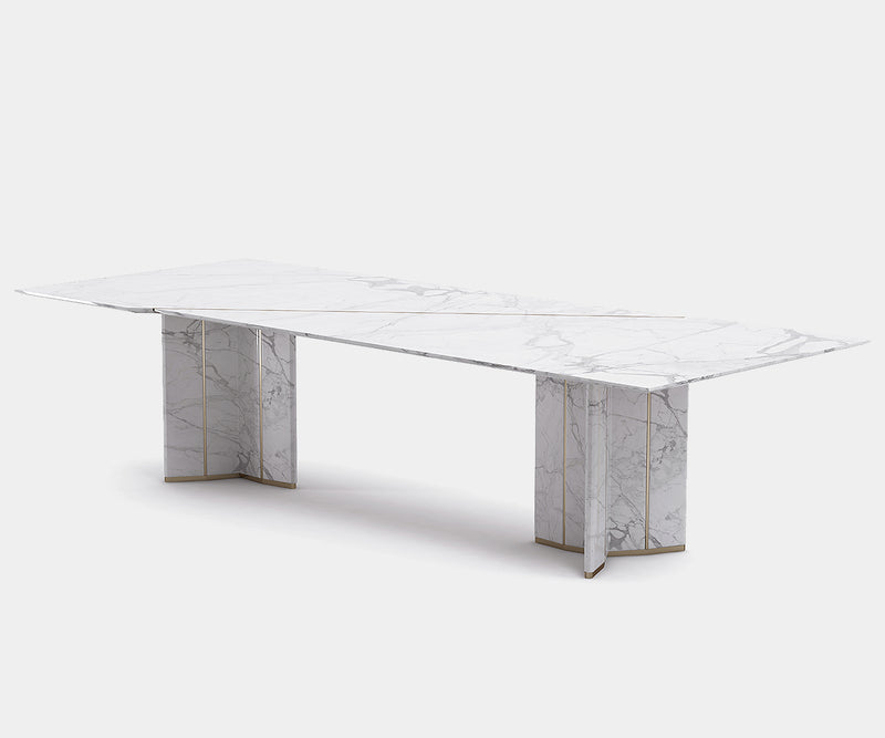 Luxury dining table made from Statuario marble and polished brass by Luxxu