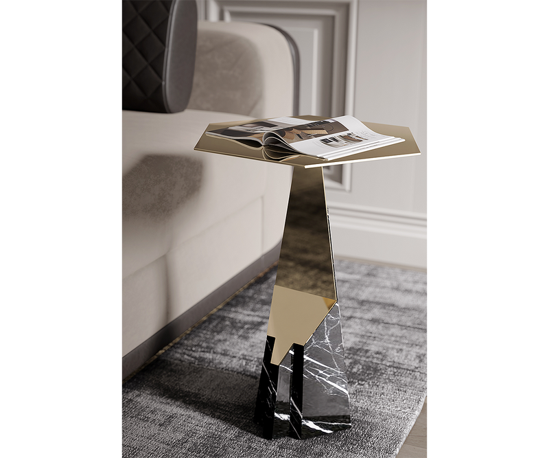 Luxurious side table with polished brass body and elegant Carrara marble top