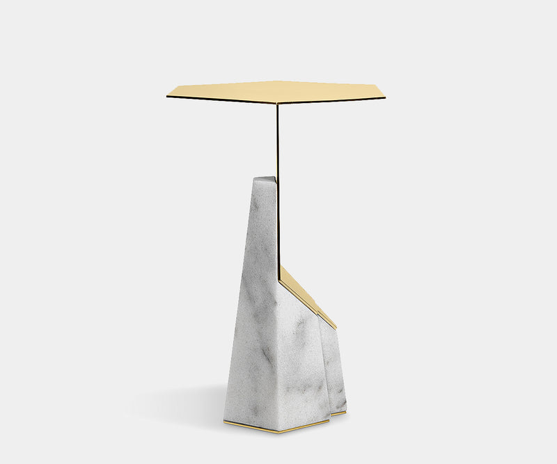 Sophisticated side table with brass base and Carrara marble top, perfect for elegant interiors