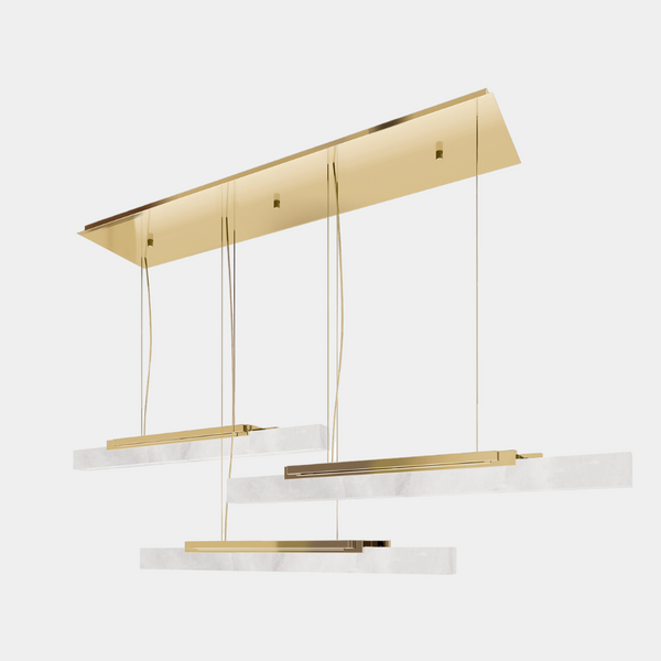 Elegant Skyline III suspension lamp by Luxxu, showcasing exquisite alabaster diffusers and a brass frame for contemporary home decor.