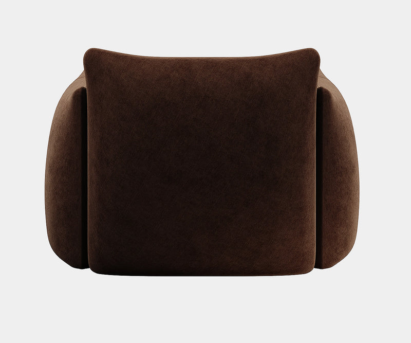 Timeless upholstered armchair in chocolate suede, blending elegance and relaxation.