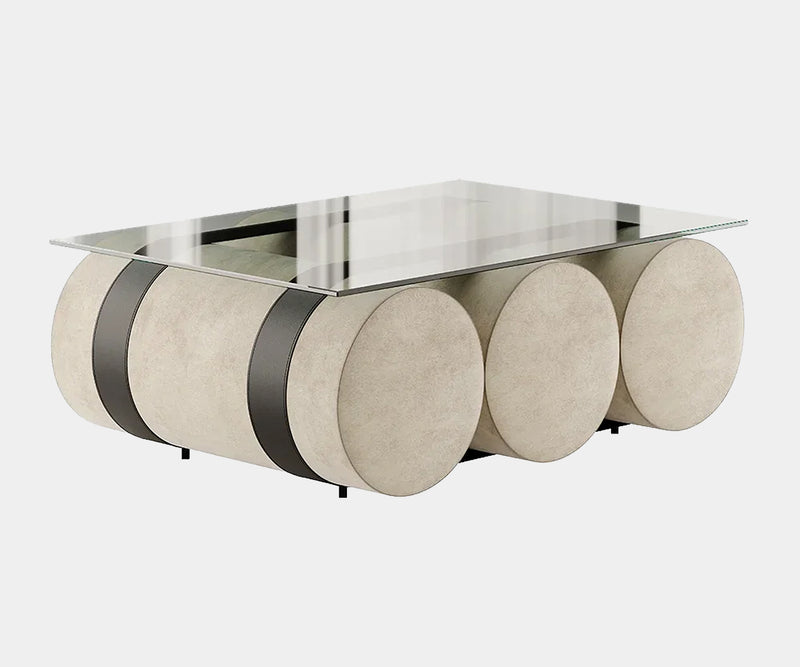 Marnois Bandu luxury brutalist center table with velvet base and tempered glass top for modern interiors.