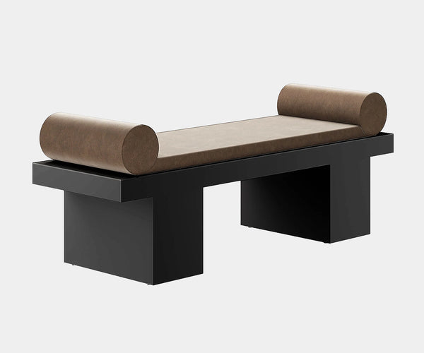 Luxury customisable Choa Wood Bench featuring a bold silhouette and rich chocolate suede upholstery, perfect for high-end real estate.