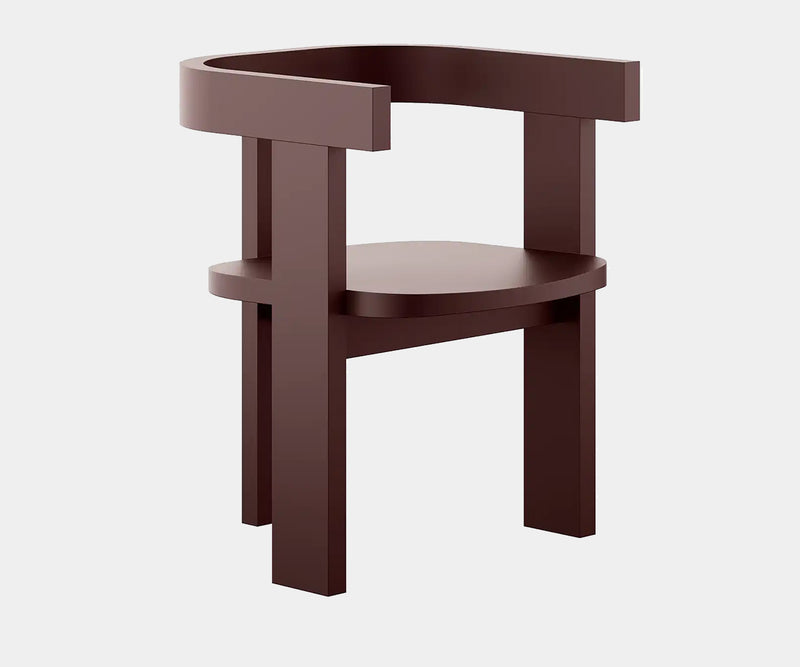 Geylang wood dining chair, a contemporary statement piece in bold Rouge Noire lacquer finish.