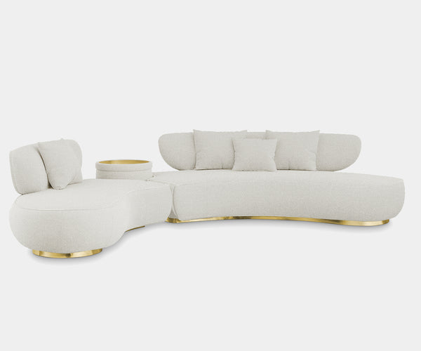 Mid-Century Modern Round Sofa: Neutral Glamour: The Aureum Round Sofa features "Monet Pearl" fabric and brass accents, offering a touch of mid-century modern luxury to any living space.
