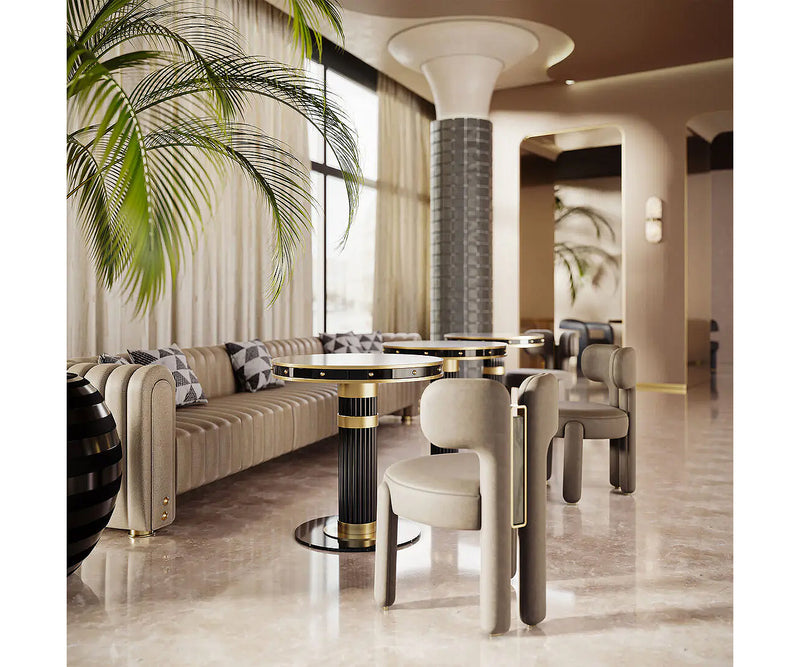 Sophisticated dining chair featuring natural leather and Nero Marquina marble.