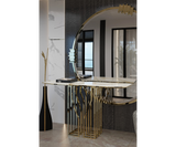 Modern Console Table with Bold Design: The Scarp Console: Make a statement in your entryway or living room with the Scarp Console, a modern console table featuring a rebellious design with polished brass legs and a Nero Marquina marble top.