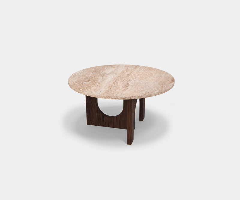 Round Travertine Marble Coffee Table with Walnut Base: Modern Luxury for Living Rooms.