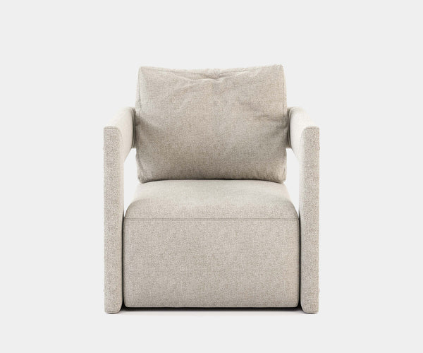Modern Luxury Armchair for Japandi Living Room: The Kaito Armchair elevates your space with Japandi flair. Brushed bronze details and clean lines create a statement piece.