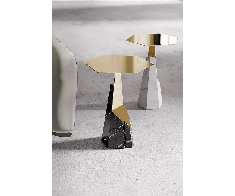 Modern design Myllo side table by Luxxu, combining polished brass and marble