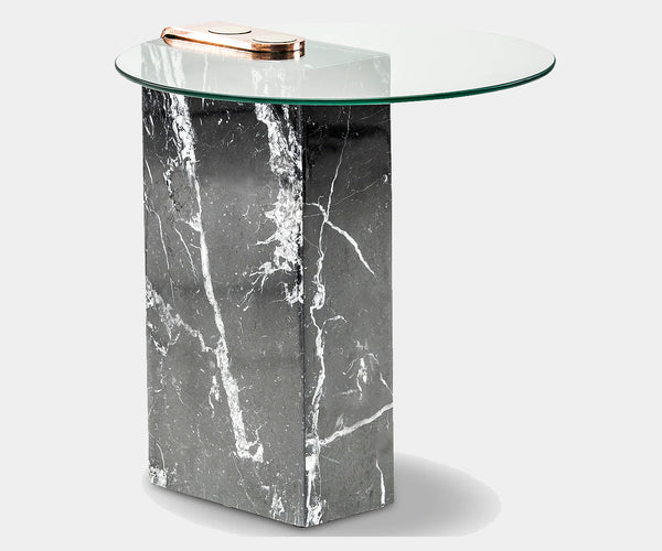 Luxurious black marble patch side table with brass and copper accents by Egg Designs, perfect for high-end home decor and sophisticated interiors.