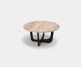 Designer Coffee Table: Grey Lacquered Base Supports Round Travertine Top. 