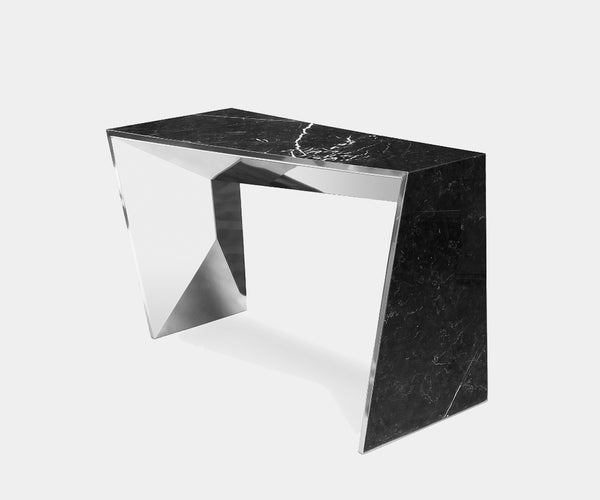 Obsidian Console Table: Polished Stainless Steel Accents Elevate Nero Marquina.