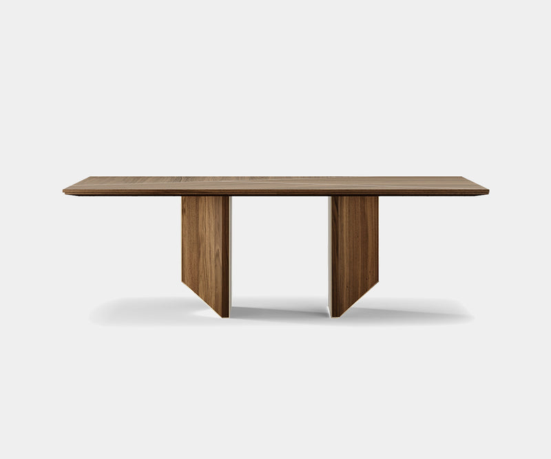 Parallel Lines: Modern Minimalist Dining Table by Outline -  This modern dining table by Outline features a stunning walnut veneer tabletop and a base with parallel brushed brass legs, creating a statement piece for minimalist luxury dining rooms.