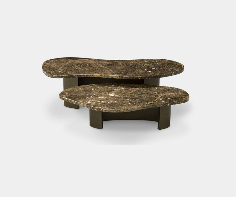 Plateau Center Table: Emperador Dark Marble with Sleek Bronze Base.