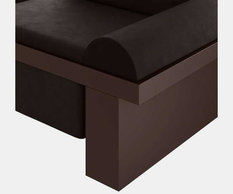 Stylish chocolate suede armchair by Marnois, combining comfort and contemporary brutalist aesthetics.