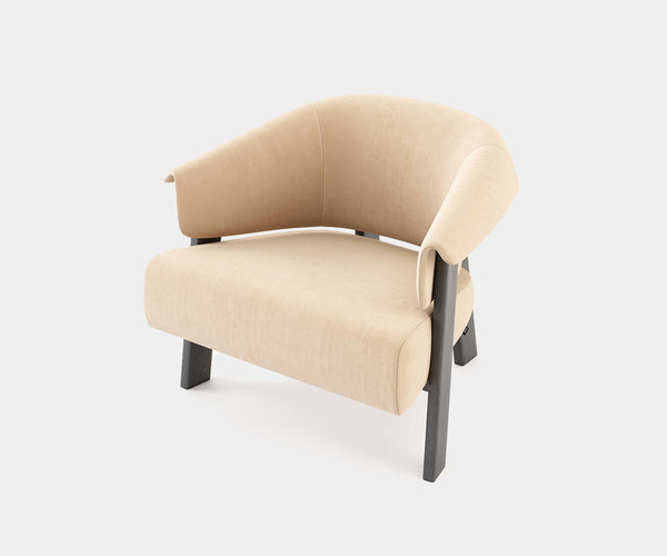 High-End Home Decor: The Toro Armchair by Stylish Club features an organic design with a beige fabric seat and dark wood legs, perfect for a luxurious living space.