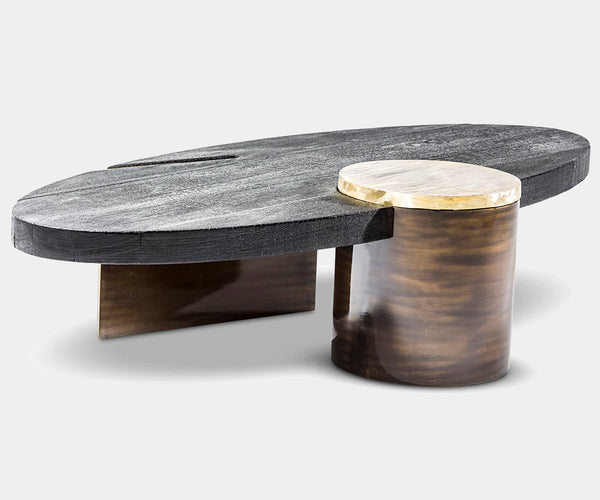 Shou Sugi Ban and brass Primal Coffee Table by Egg Designs, featuring a unique organic design and luxurious high-end materials.