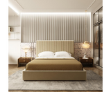 Modern bed with unique brass headboard design and walnut wood frame for high-end bedroom elegance.