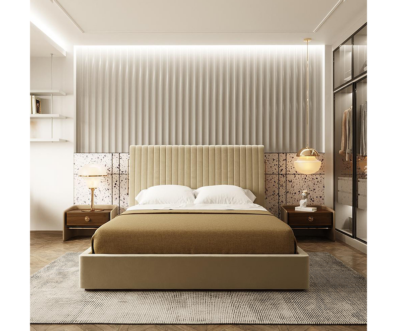 Modern bed with unique brass headboard design and walnut wood frame for high-end bedroom elegance.