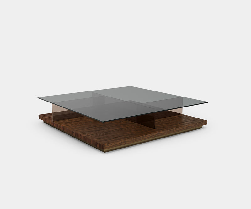 Walnut Veneer Base Coffee Table: Quadra Features Sleek Wood & Glass.