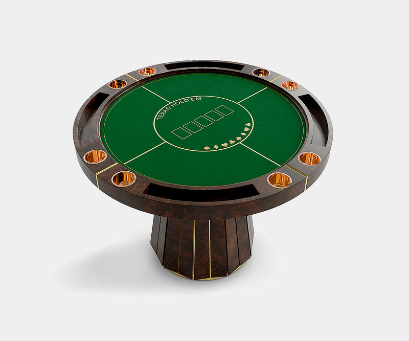 High-end poker table featuring elegant walnut root wood, velvet padding, and polished brass details.