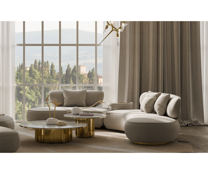 Curved Sofa with Integrated Side Table for Functional Elegance: The Aureum Round Sofa features a curved design with an integrated side table, adding a touch of functional elegance to your living space.