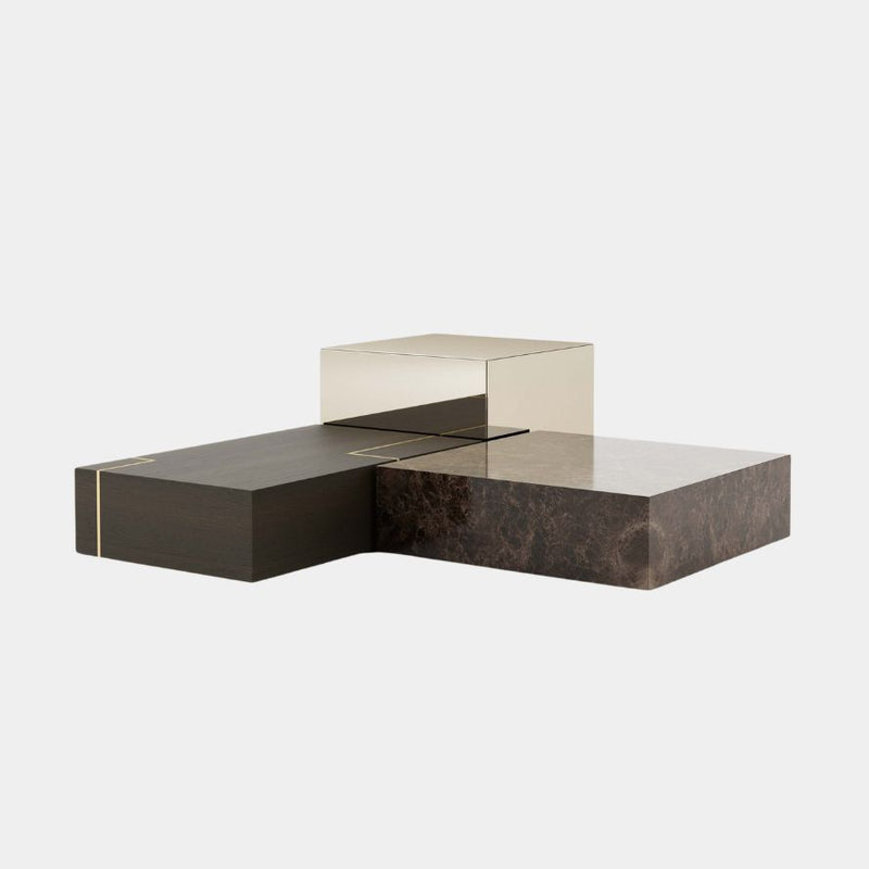 Elegant Fortune Coffee Tables Featuring High-Gloss Lacquer, Dark Oak, and Dark Emperador Marble - Sophisticated Living Room Accent.