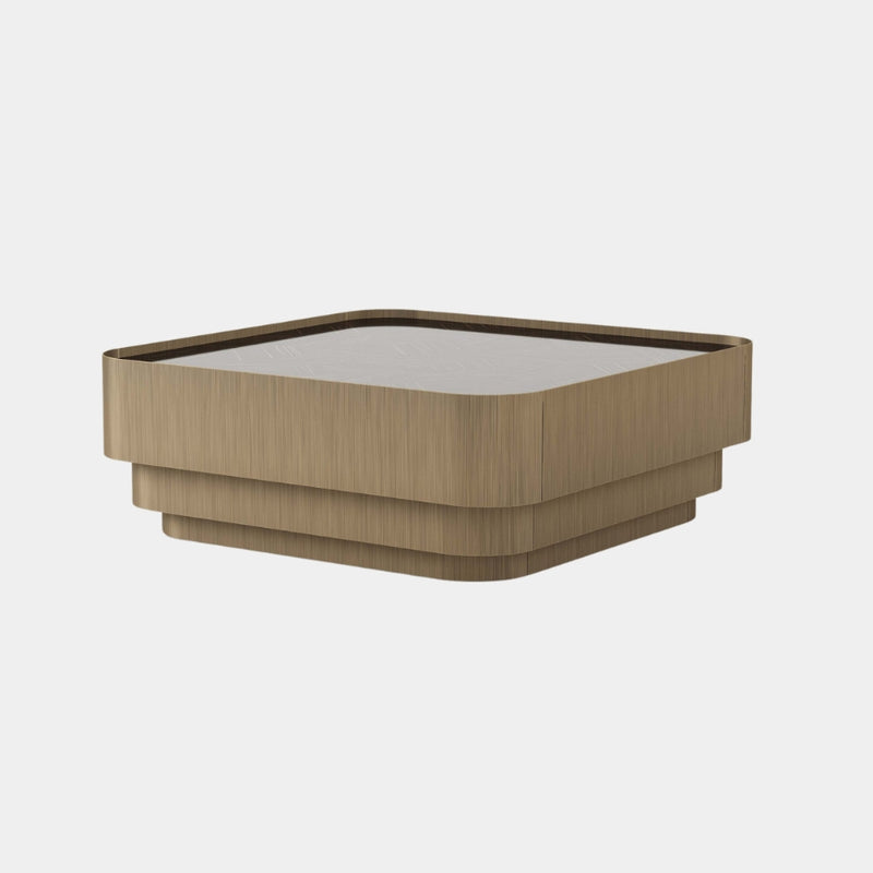 Luxury His Coffee Table Featuring High Gloss Ebony Makassar Wood, Brushed Bronze Frame, and Soft-Close Drawers - Elegant Modern Accent.