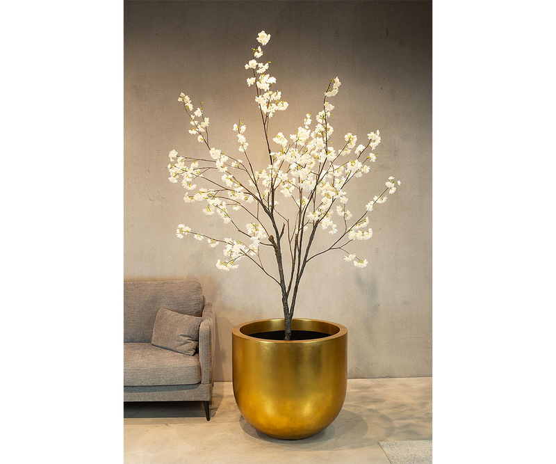 Elegant indoor and outdoor gold-leaf Pandora planter adding sophistication to decor.